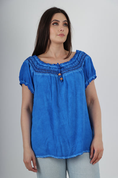 Italian Ruffle Detail Bardot Short Sleeve Tunic Top