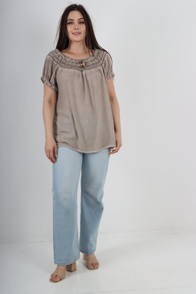 Italian Ruffle Detail Bardot Short Sleeve Tunic Top