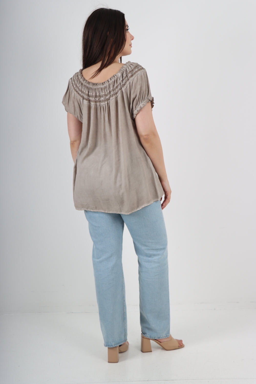 Italian Ruffle Detail Bardot Short Sleeve Tunic Top