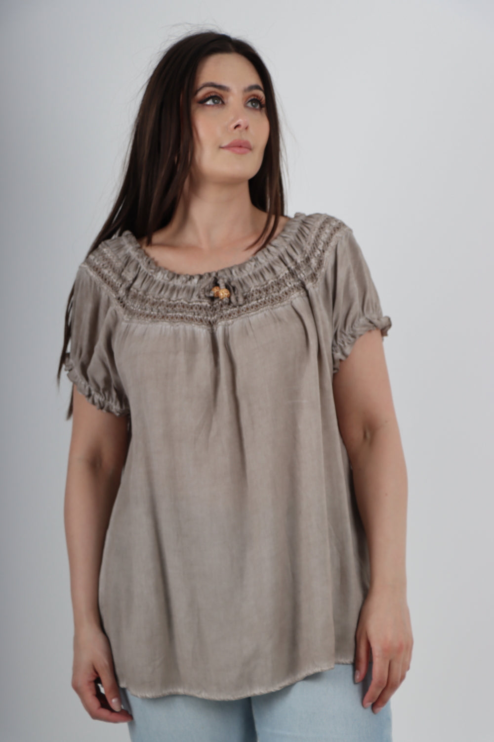 Italian Ruffle Detail Bardot Short Sleeve Tunic Top