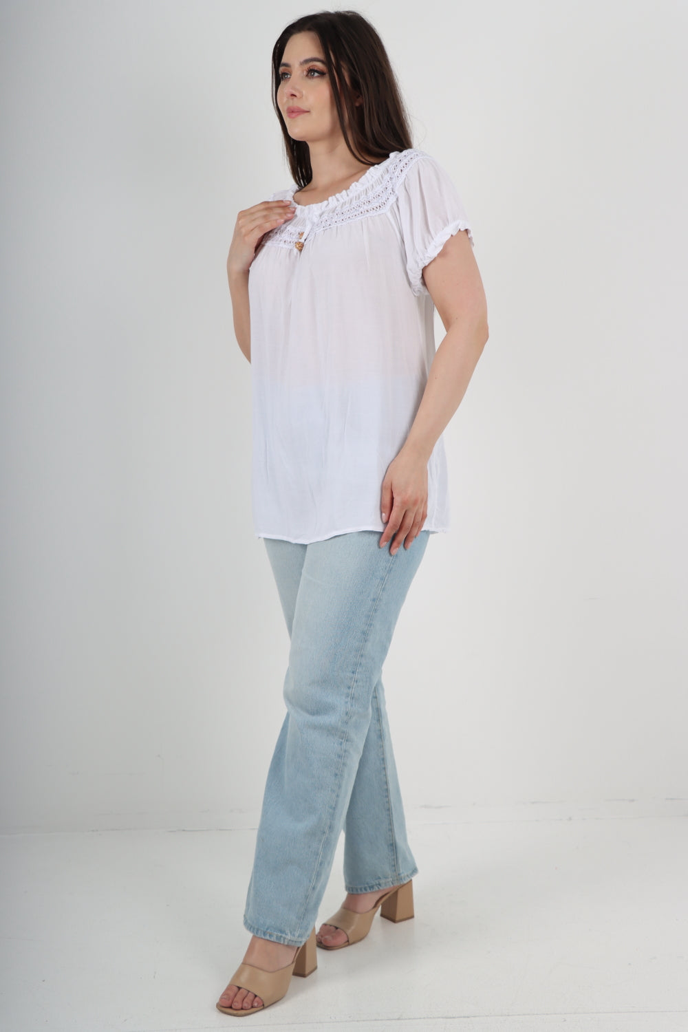 Italian Ruffle Detail Bardot Short Sleeve Tunic Top