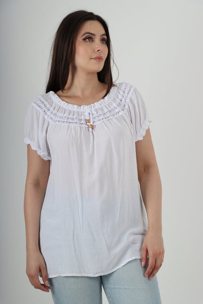 Italian Ruffle Detail Bardot Short Sleeve Tunic Top