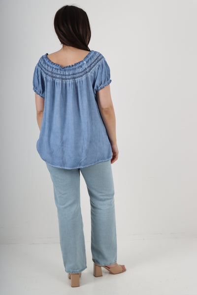 Italian Ruffle Detail Bardot Short Sleeve Tunic Top