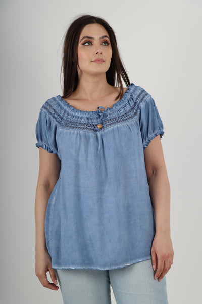 Italian Ruffle Detail Bardot Short Sleeve Tunic Top