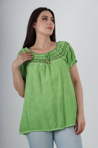 Italian Ruffle Detail Bardot Short Sleeve Tunic Top