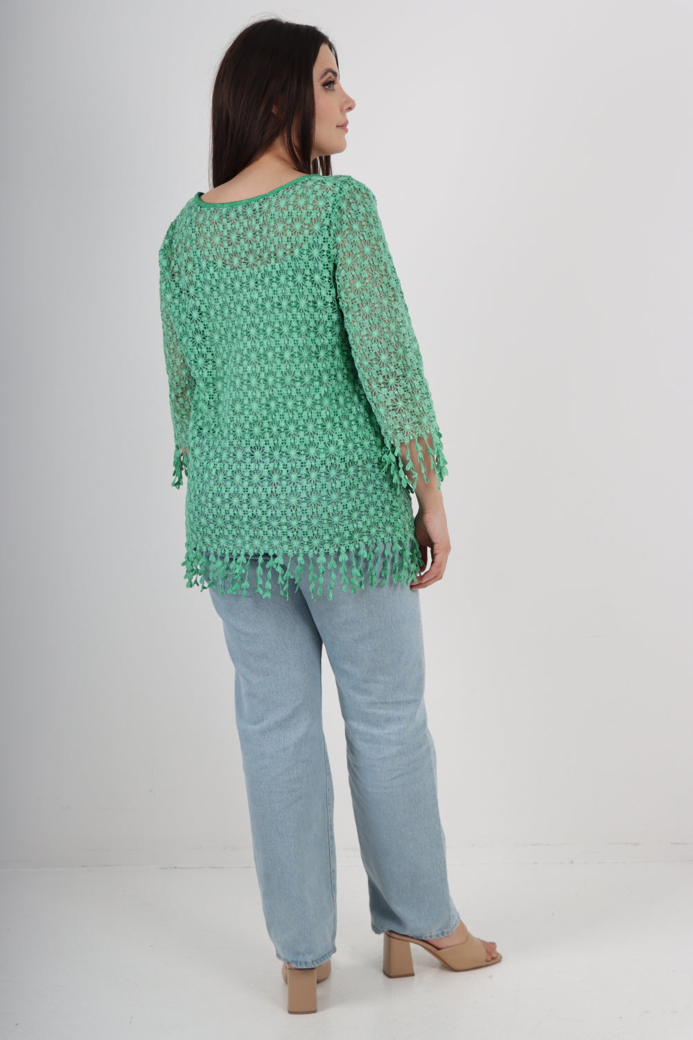 Italian Crochet Lace Long Sleeve Tassels & Fringe Cut Tunic Top