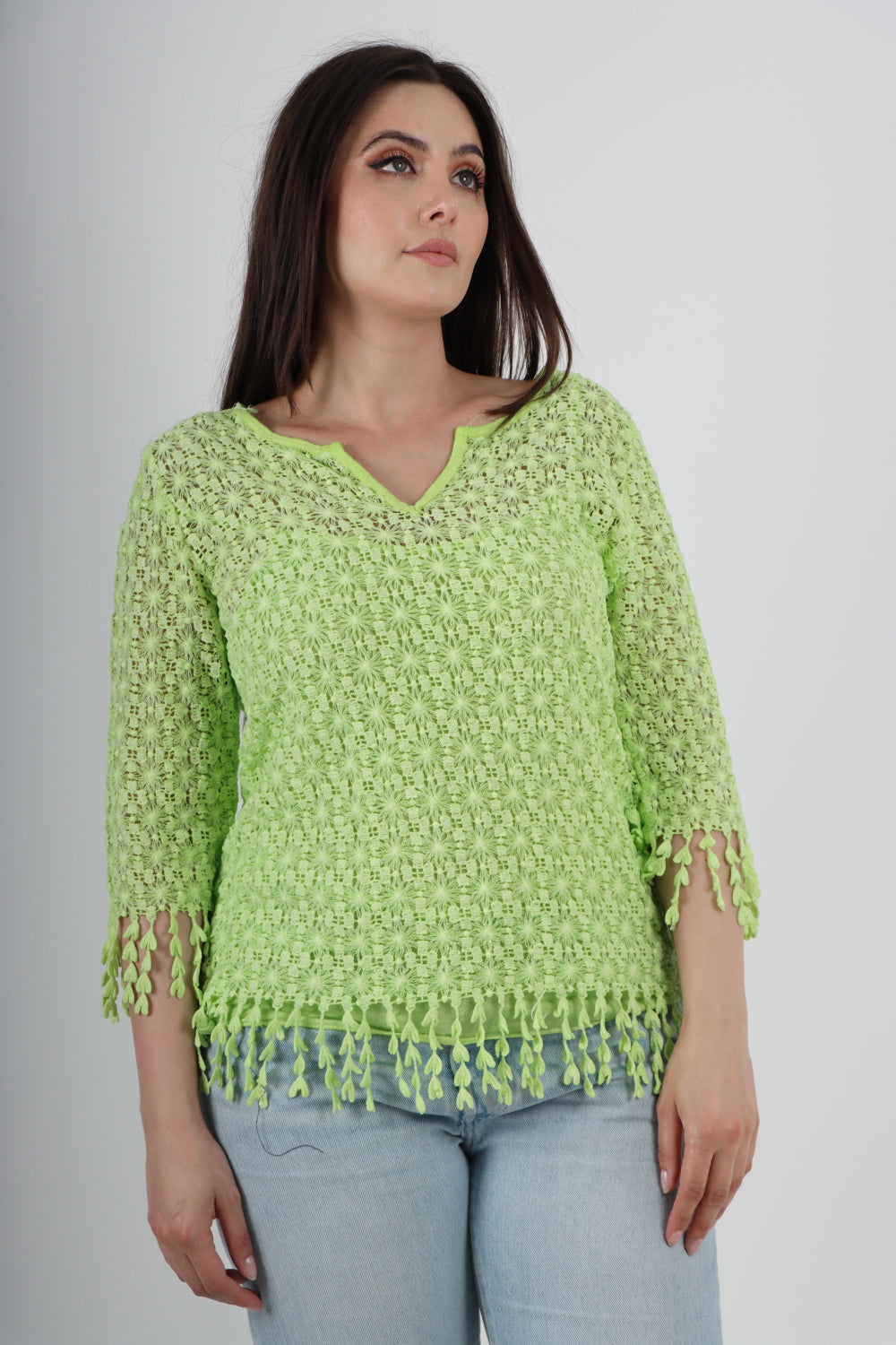 Italian Crochet Lace Long Sleeve Tassels & Fringe Cut Tunic Top