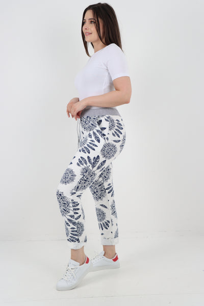 Italian Lagenlook Elasticated Waist Printed Cotton Trouser