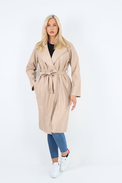 Italian PU Faux Leather Longline Waterfall Jacket Coat