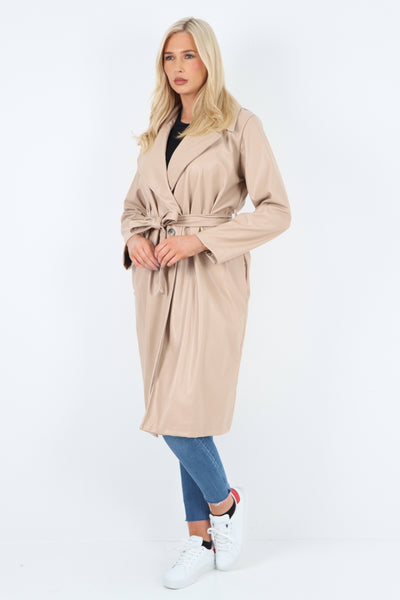 Italian PU Faux Leather Longline Waterfall Jacket Coat