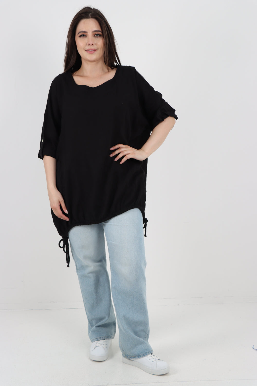 Italian Round Neck Turn-Up Sleeves Gathered Hem Linen Top