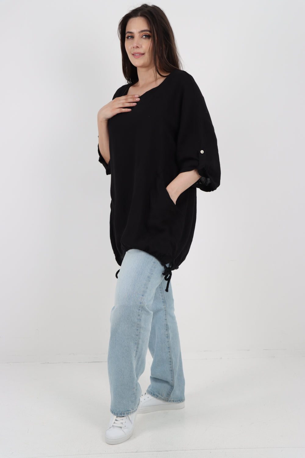 Italian Round Neck Turn-Up Sleeves Gathered Hem Linen Top