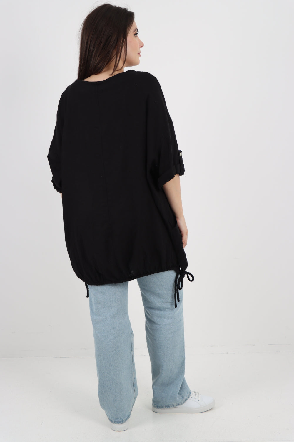 Italian Round Neck Turn-Up Sleeves Gathered Hem Linen Top