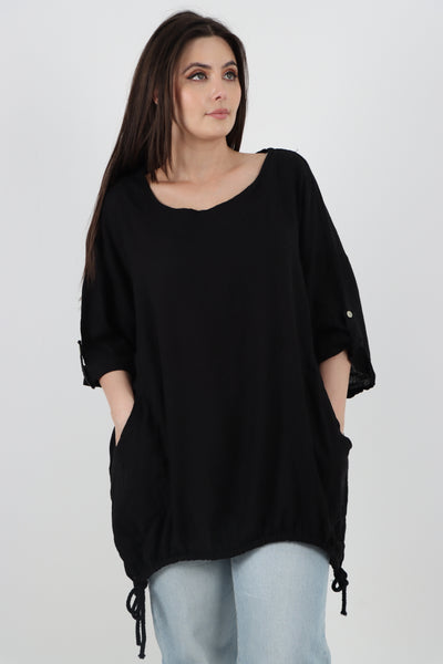 Italian Round Neck Turn-Up Sleeves Gathered Hem Linen Top