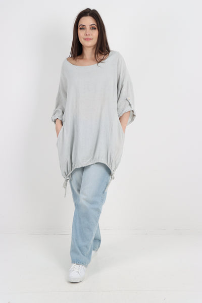 Italian Round Neck Turn-Up Sleeves Gathered Hem Linen Top