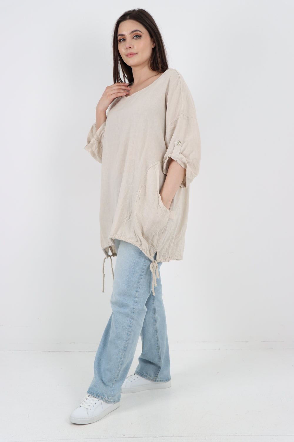 Italian Round Neck Turn-Up Sleeves Gathered Hem Linen Top