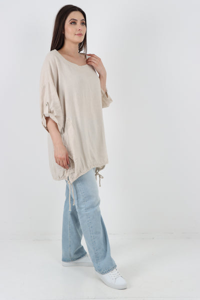 Italian Round Neck Turn-Up Sleeves Gathered Hem Linen Top