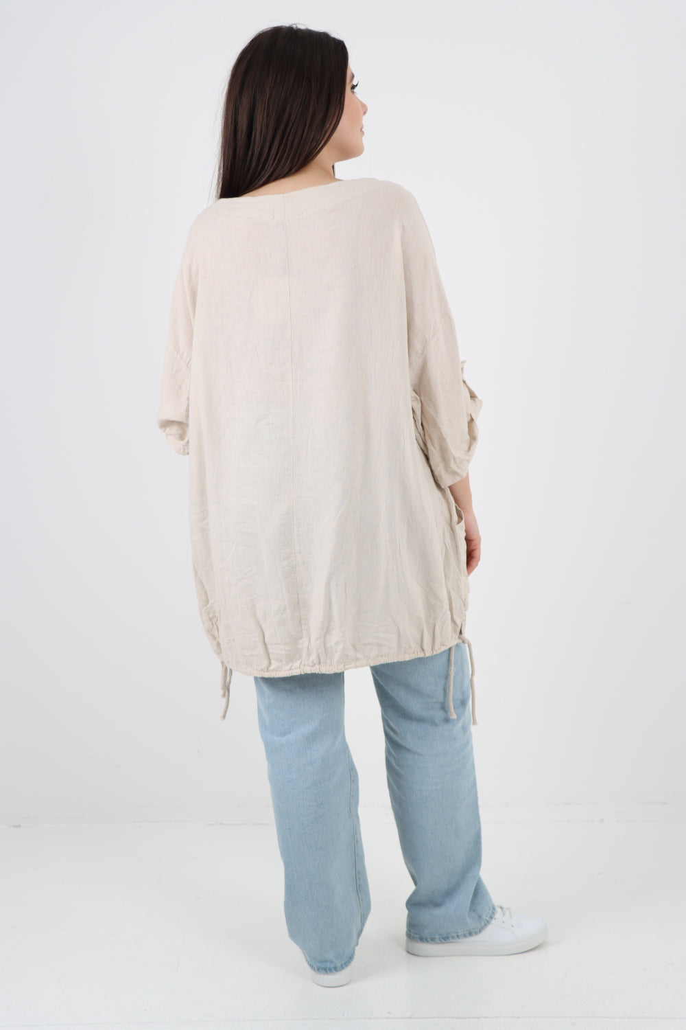 Italian Round Neck Turn-Up Sleeves Gathered Hem Linen Top