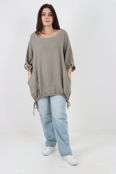 Italian Round Neck Turn-Up Sleeves Gathered Hem Linen Top