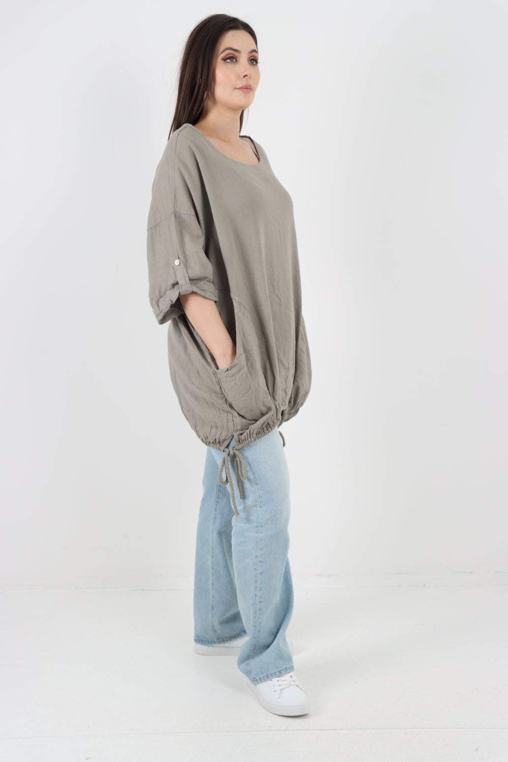 Italian Round Neck Turn-Up Sleeves Gathered Hem Linen Top