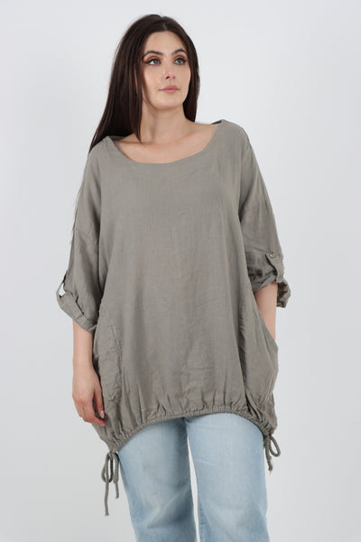 Italian Round Neck Turn-Up Sleeves Gathered Hem Linen Top