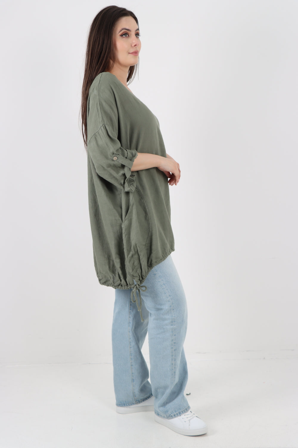 Italian Round Neck Turn-Up Sleeves Gathered Hem Linen Top