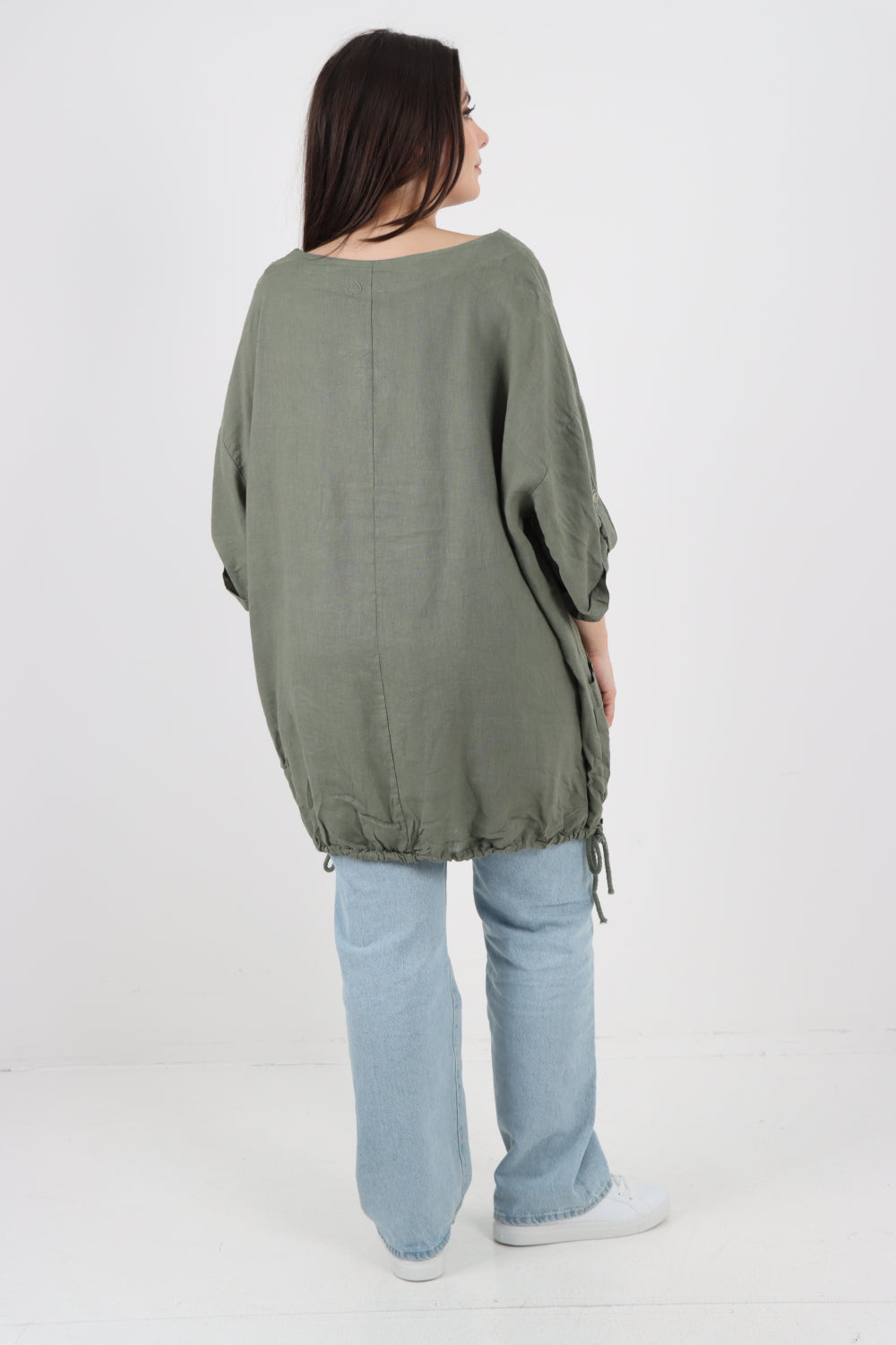 Italian Round Neck Turn-Up Sleeves Gathered Hem Linen Top