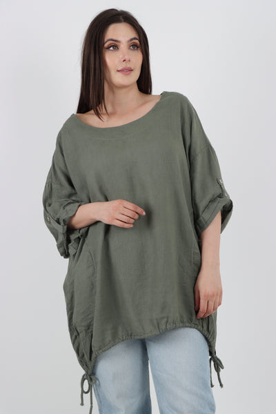 Italian Round Neck Turn-Up Sleeves Gathered Hem Linen Top