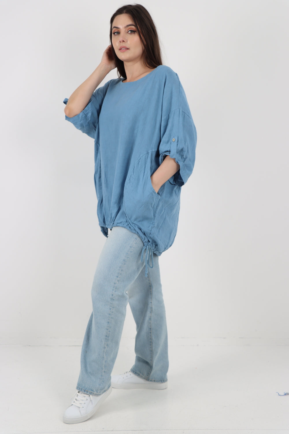 Italian Round Neck Turn-Up Sleeves Gathered Hem Linen Top