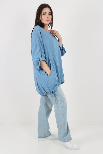 Italian Round Neck Turn-Up Sleeves Gathered Hem Linen Top