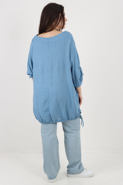 Italian Round Neck Turn-Up Sleeves Gathered Hem Linen Top