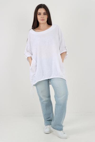 Italian Round Neck Turn-Up Sleeves Gathered Hem Linen Top