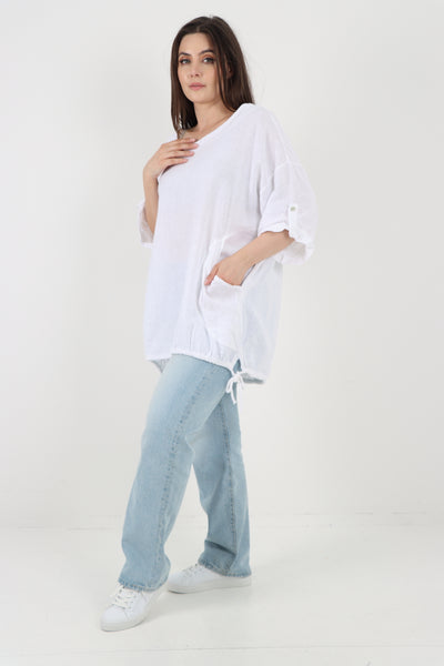 Italian Round Neck Turn-Up Sleeves Gathered Hem Linen Top