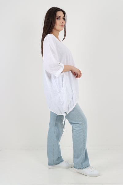 Italian Round Neck Turn-Up Sleeves Gathered Hem Linen Top