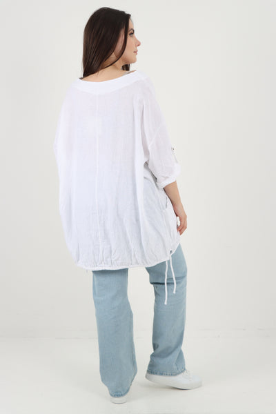 Italian Round Neck Turn-Up Sleeves Gathered Hem Linen Top