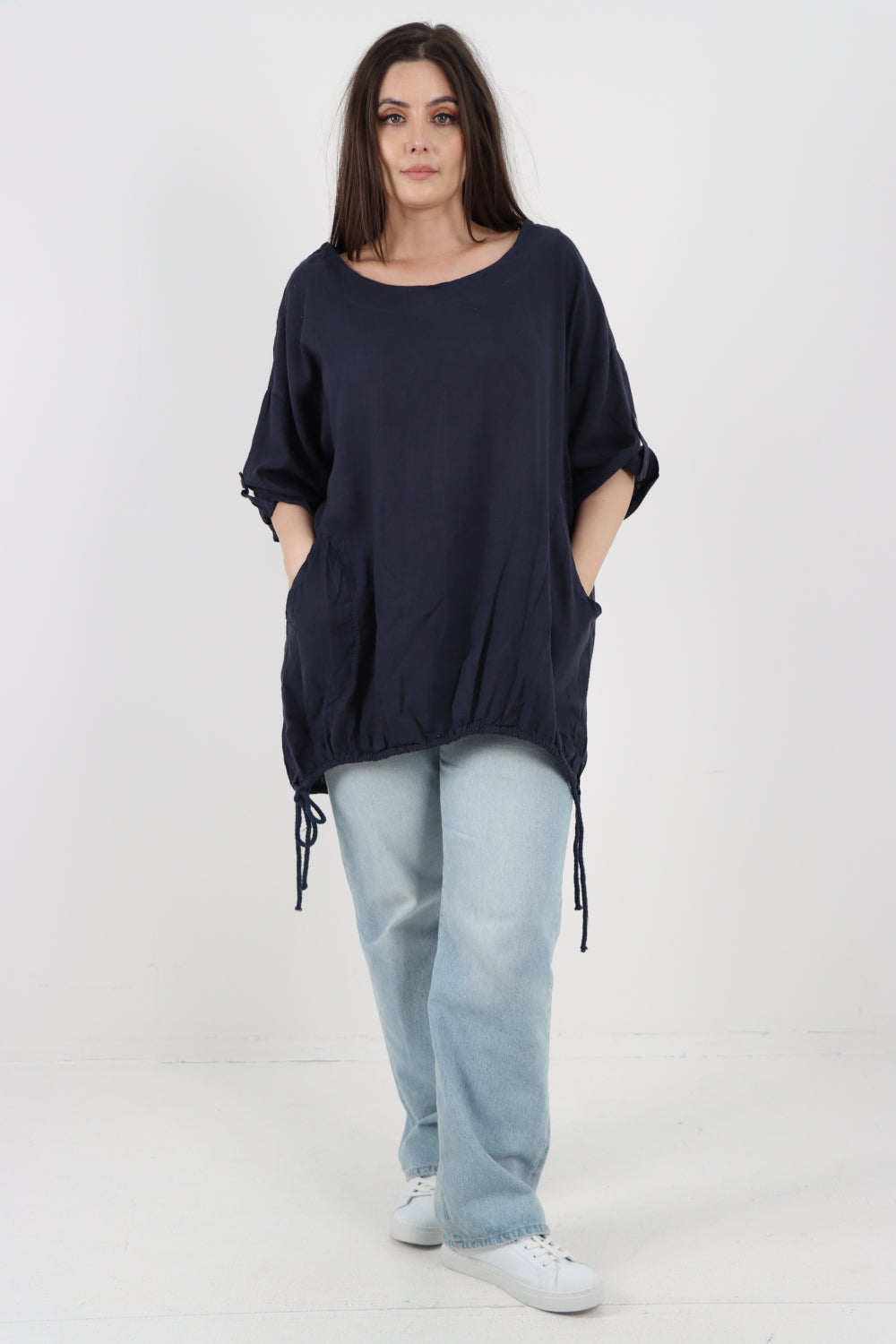 Italian Round Neck Turn-Up Sleeves Gathered Hem Linen Top