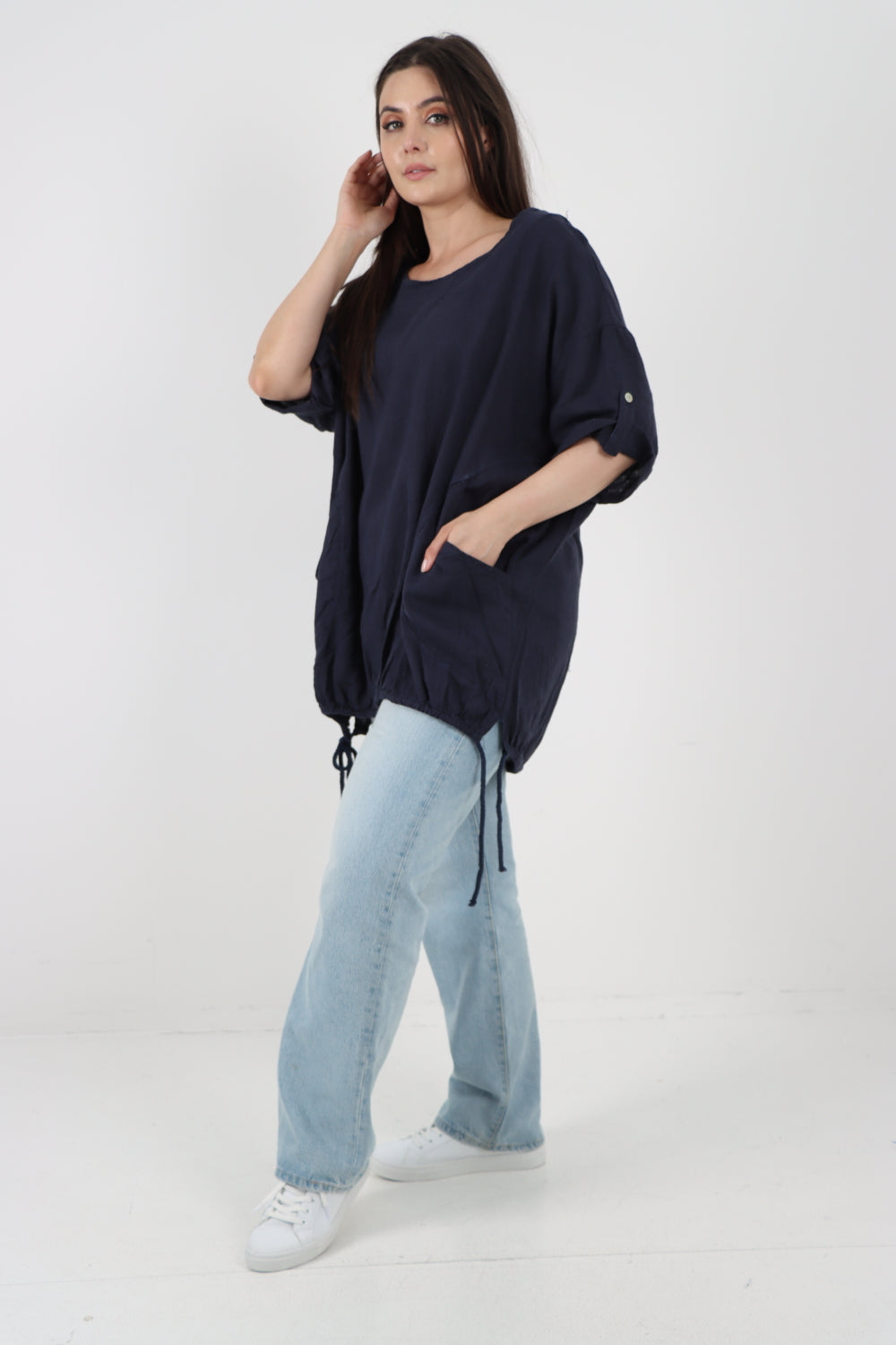 Italian Round Neck Turn-Up Sleeves Gathered Hem Linen Top