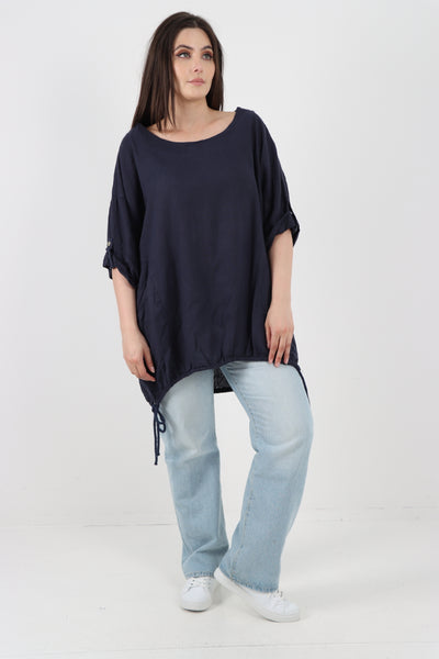 Italian Round Neck Turn-Up Sleeves Gathered Hem Linen Top