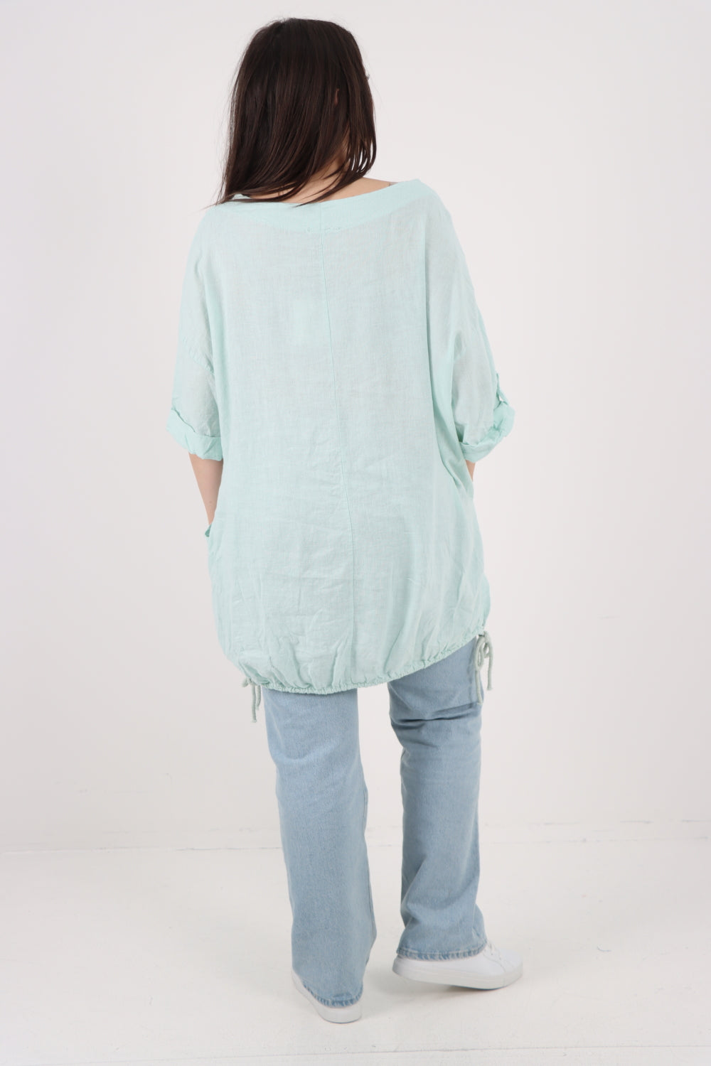 Italian Round Neck Turn-Up Sleeves Gathered Hem Linen Top