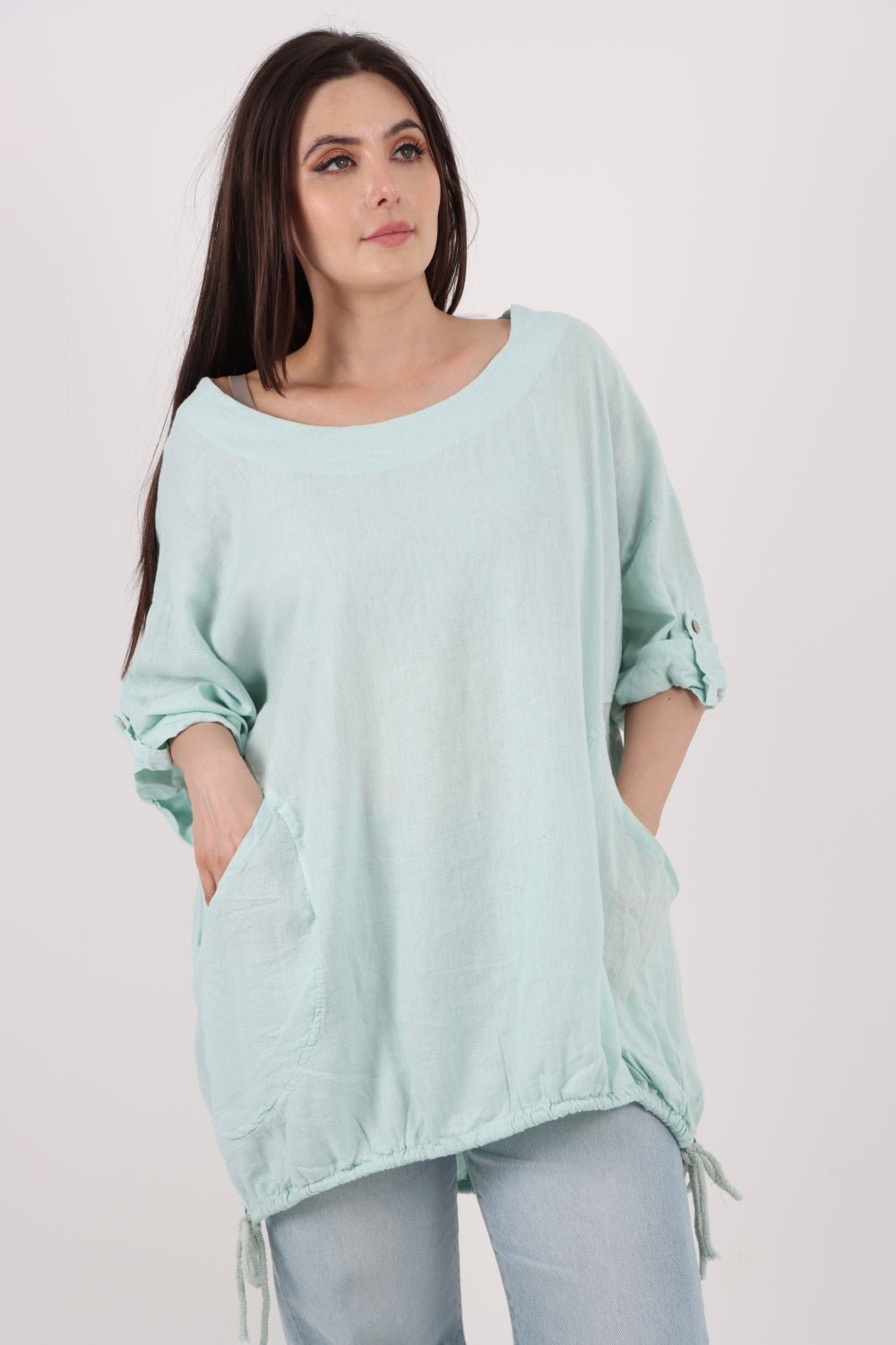 Italian Round Neck Turn-Up Sleeves Gathered Hem Linen Top