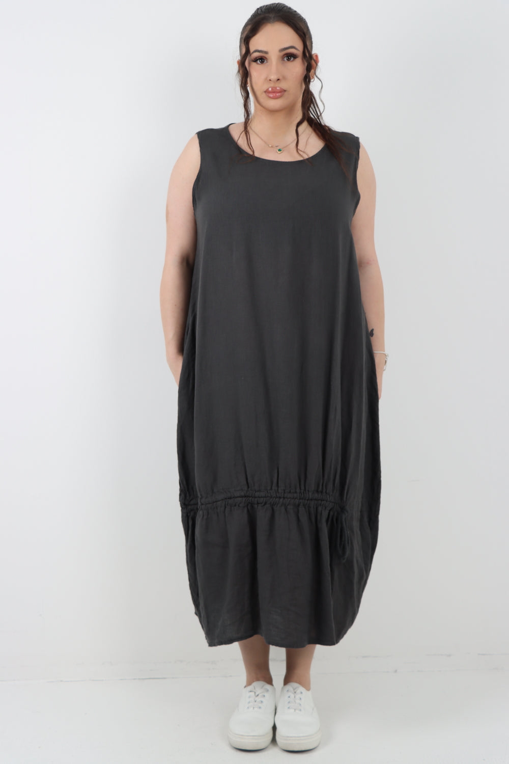 Italian Oversized Blend Pull Tie Cocoon Sleeveless Dress