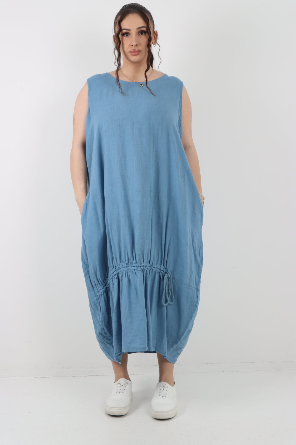 Italian Oversized Blend Pull Tie Cocoon Sleeveless Dress