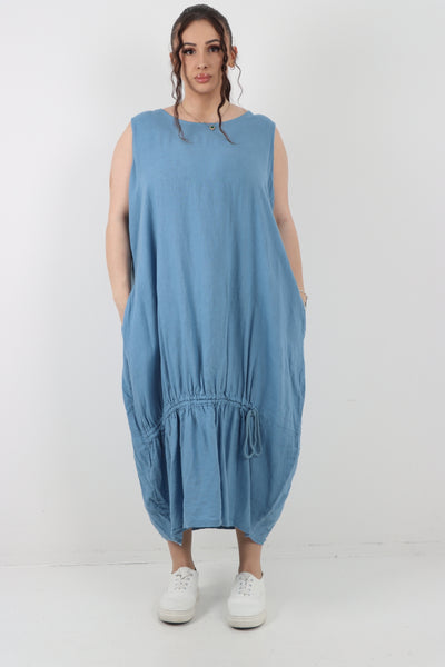 Italian Oversized Blend Pull Tie Cocoon Sleeveless Dress