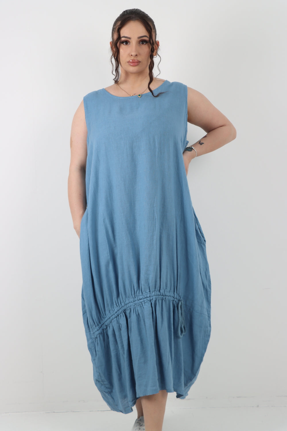 Italian Oversized Blend Pull Tie Cocoon Sleeveless Dress