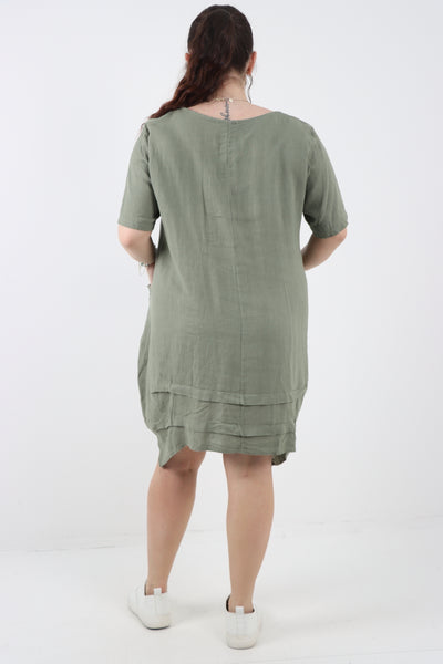 Italian Front Pocket Linen Panel Hem Tunic Dress