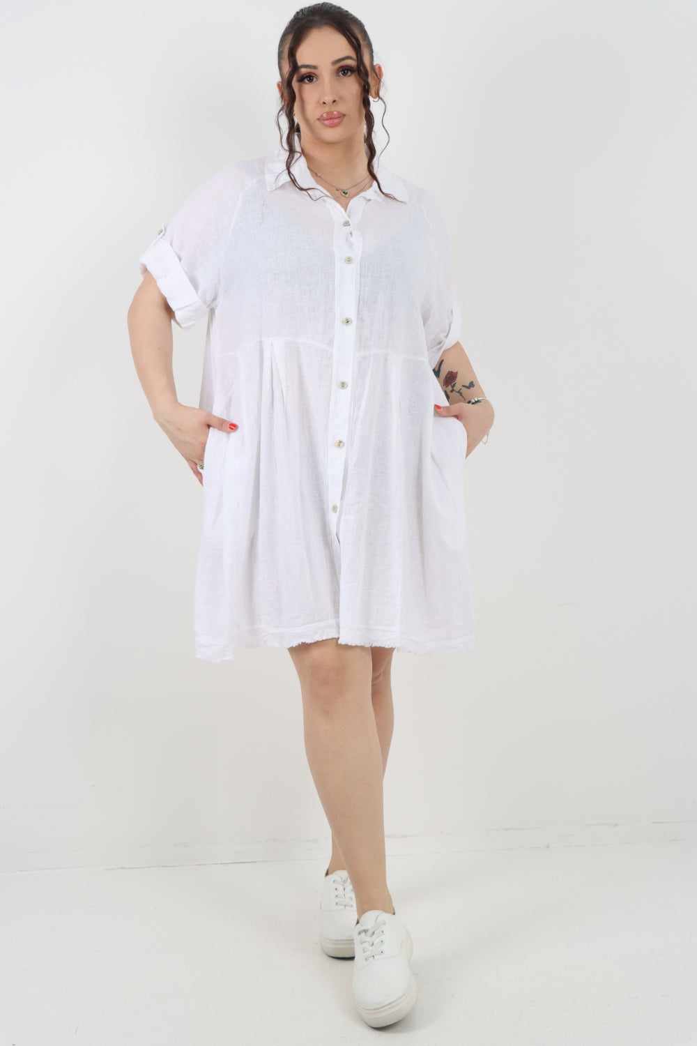 Italian Button Up Collared Neck Raw Cut Hem Mini Dress