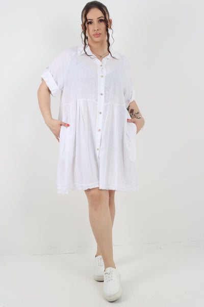 Italian Button Up Collared Neck Raw Cut Hem Mini Dress