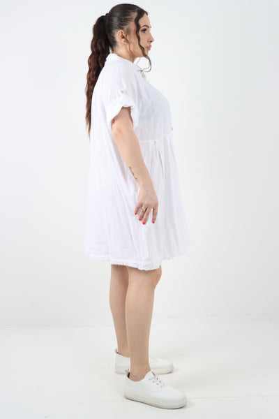 Italian Button Up Collared Neck Raw Cut Hem Mini Dress