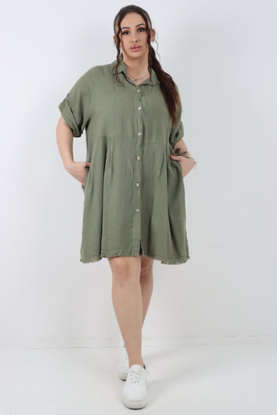 Italian Button Up Collared Neck Raw Cut Hem Mini Dress