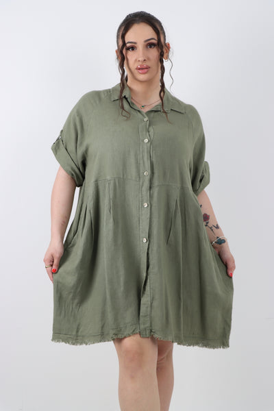 Italian Button Up Collared Neck Raw Cut Hem Mini Dress